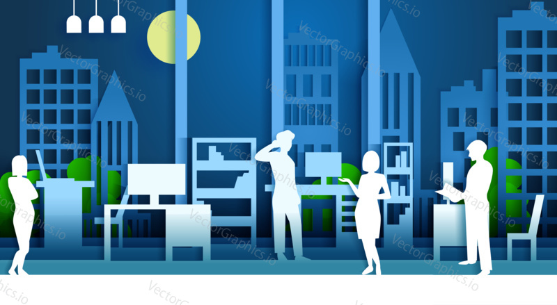 Office interior and business team design concept. Vector illustration in paper cut style. People in office with city buildings on background.