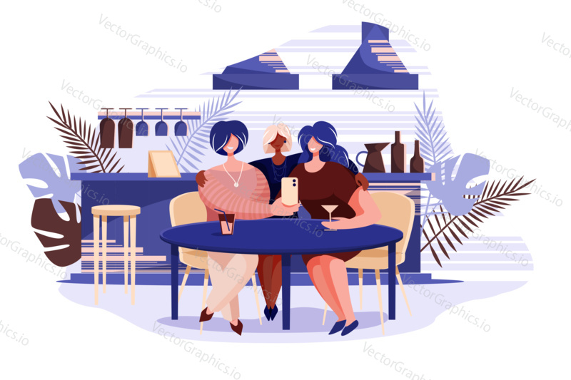 Three girls taking selfie in a bar. Female friends meet at a table in restaurant. Vector web site design template. Landing page website concept illustration.