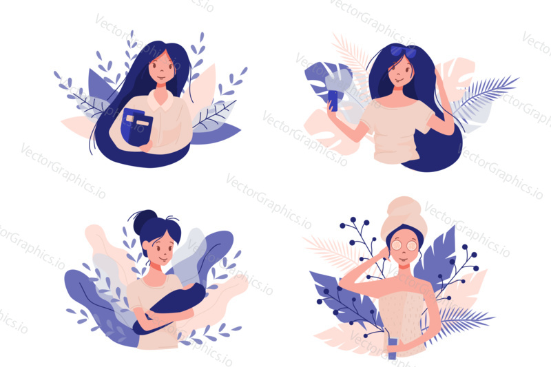 Woman lifecycle stages from studying to aging. Female chracter in different life situations, study, give birth and care baby, make up. Vector illustration in cartoon style..
