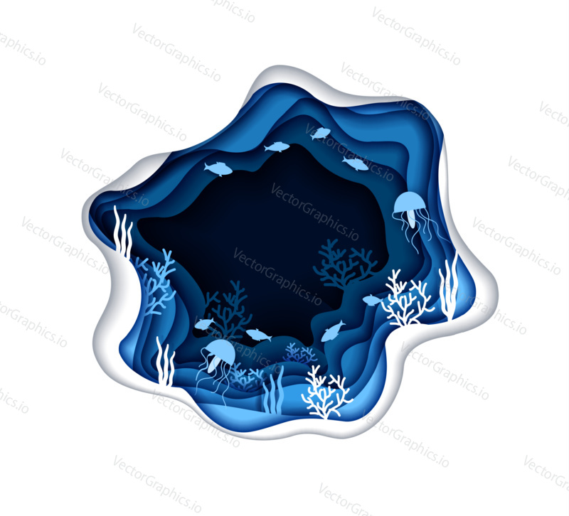 Underwater sea life, fish, jellyfish, corals. Save ocean concept design. Vector illustration in paper cut style.