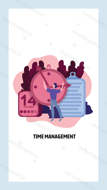 Time management concept. Man set the clock Business schedule and calendar. Vector web site design template. Landing page website concept illustration.