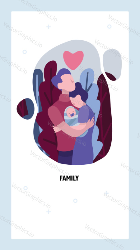 Happy family holding newborn child. Parents with infant baby. Father, mother cartoon concept. Vector web site design template. Landing page website concept illustration.