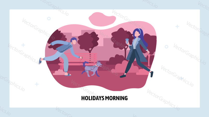 Dog walking in public park. Woman with coffee walks in a city park. Vector web site design template. Landing page website concept illustration.