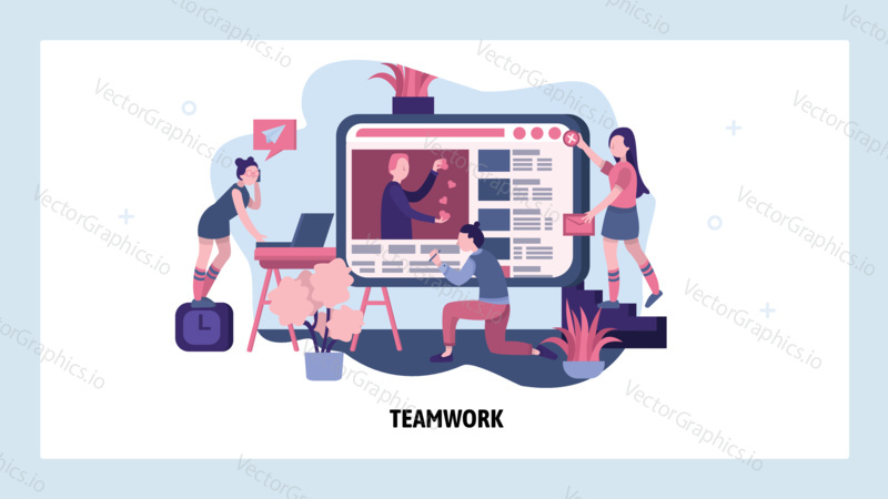 People are building business online. Teamwork concept. Vector web site design template. Landing page website concept illustration.