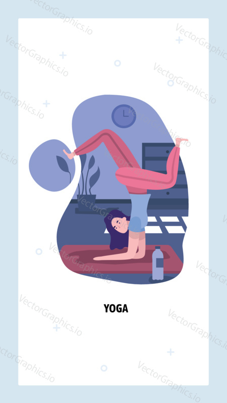 Young girl doing yoga at home. Woman in yoga pose. Wellness and healthy lifestyle concept. Vector web site design template. Landing page website concept illustration.
