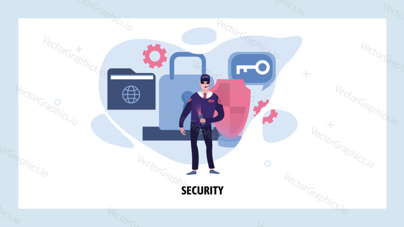 Security guard protect data and privacy. Secure access and cyber safety. Vector web site design template. Landing page website concept illustration.