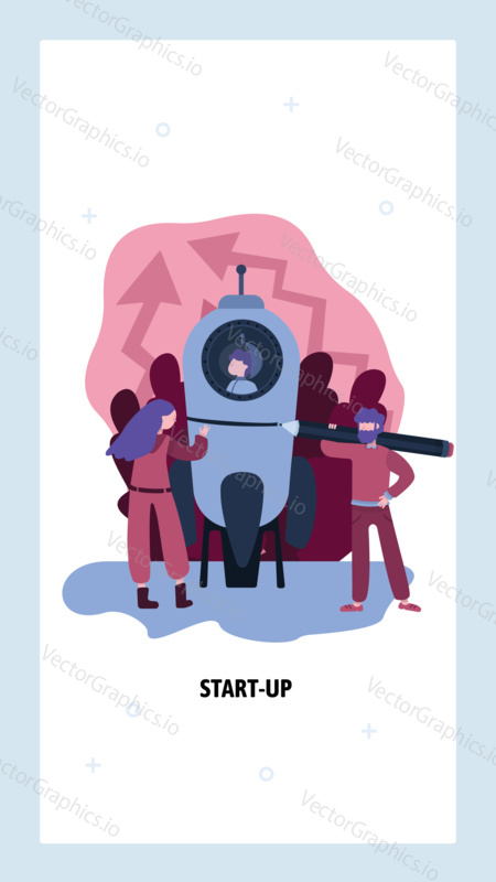 People prepare to launch a rocket. Business startup concept. Team work in start up. Vector web site design template. Landing page website concept illustration.