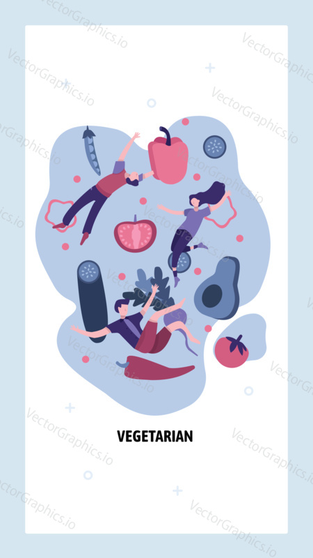 Vegetables and fruits for vegetarian diet. People with healthy lifestyle. Vector web site design template. Landing page website concept illustration.