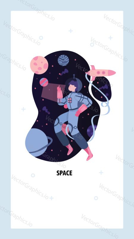 Astronaut in outer space. Spaceship travel in universe with planets and stars around. Fantastic book cover. Vector web site design template. Landing page website concept illustration.