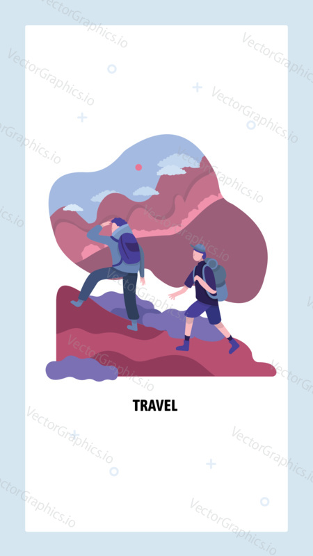 Tourists hiking in mountains. Outdoor travel and adventure concept. Man and woman climbing and trekking. Vector web site design template. Landing page website concept illustration.
