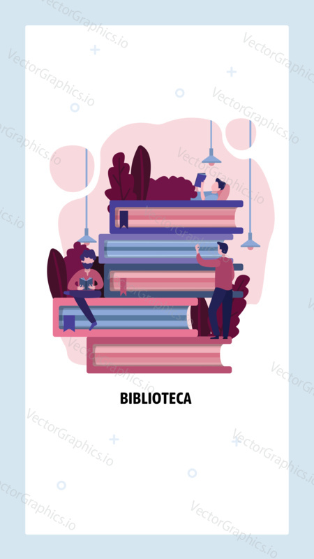 People read books in library. Education and study process. Books staked up. Vector web site design template. Landing page website concept illustration.