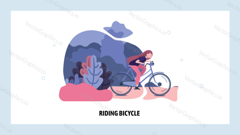 Girl cycling in a park. Woman ride bicycle, summer outdoor activity, healthy lifestyle. Vector web site design template. Landing page website concept illustration.