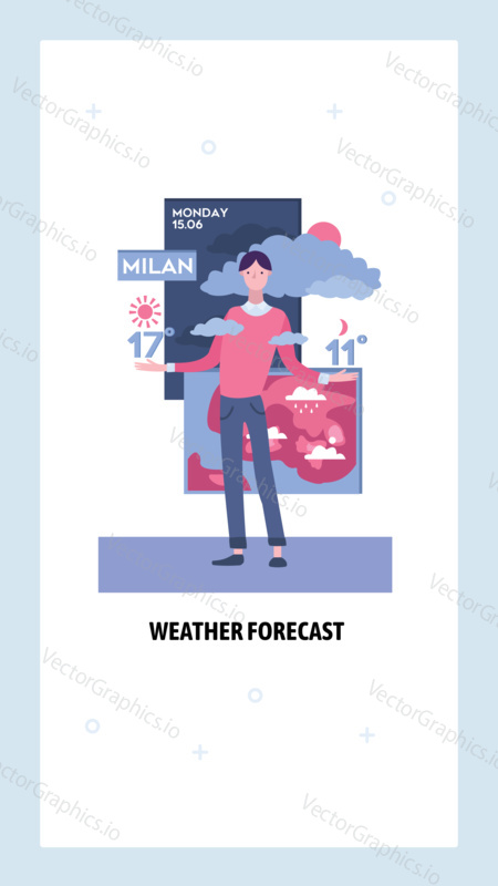 Weather forecast anchor on television news. Meteorologist reports weather. Vector web site design template. Landing page website concept illustration.