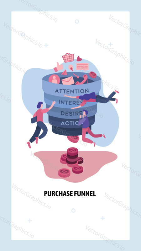 Purchase funnel concept, awareness, interest, desire, action. Business marketing and sales strategy. Sale process chart. Vector web site design template. Landing page website concept illustration.