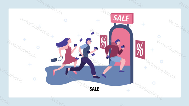 People running for sale with big discounts. Men and women run to the store for promo sale. Vector web site design template. Landing page website concept illustration.