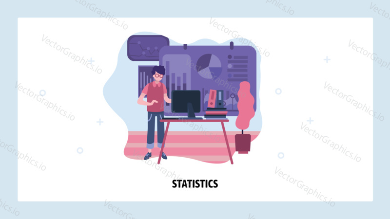 Data analytics, dashboard and business finance report. Man using computer to analyze data statistic. Vector web site design template. Landing page website concept illustration.