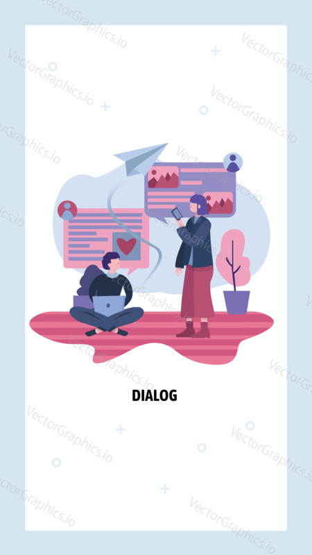 Two friends send messages to each other. People using messenger mobile phone apps. Vector web site design template. Landing page website concept illustration.