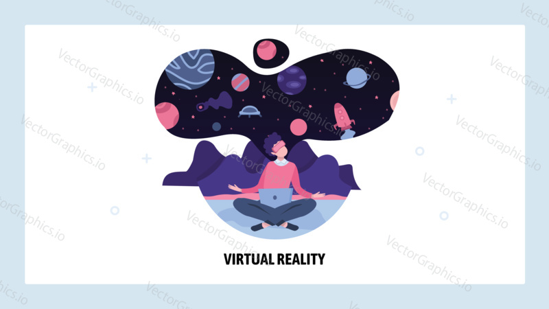Man in virtual reality VR glasses imagine outer space. VR technology digital device. Vector web site design template. Landing page website concept illustration.