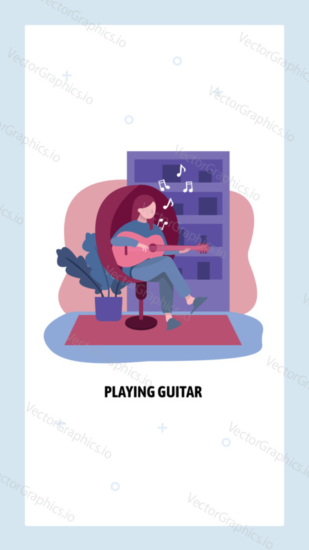Young girl plays acoustic guitar music at home. Music lessons concept. Woman playing musical instument and sing. Vector web site design template. Landing page website concept illustration.