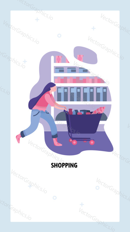 Shopping business concept. Woman push shopping cart in grocery store. Vector web site design template. Landing page website concept illustration.