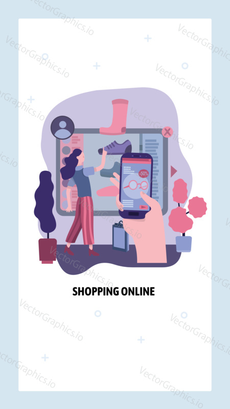 Online shopping concept. Woman buy shoes in internet shop using mobile phone. Vector web site design template. Landing page website concept illustration.