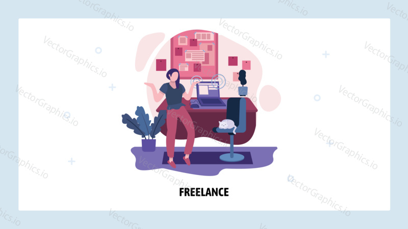 Work at home concept. Freelance girl develops project in home office. Cat sits on a chair. Vector web site design template. Landing page website concept illustration.