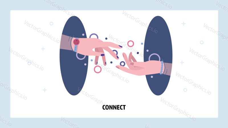 Two woman hands trying to reach one another. People connect, help, friendship and unity concept. Vector web site design template. Landing page website concept illustration.
