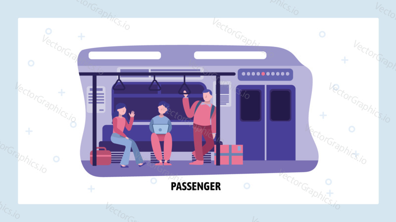 Subway underground train interior with passengers. People commute in city metro. Vector web site design template. Landing page website concept illustration.
