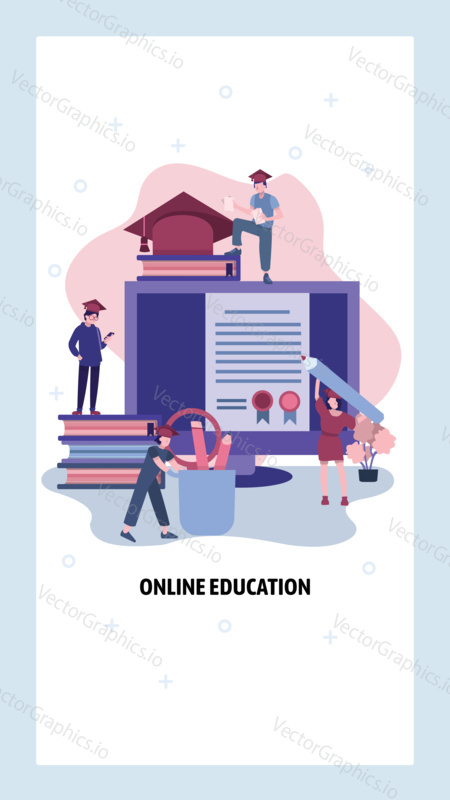 Online education. Students study online course and get diploma. College degree. Vector web site design template. Landing page website concept illustration.