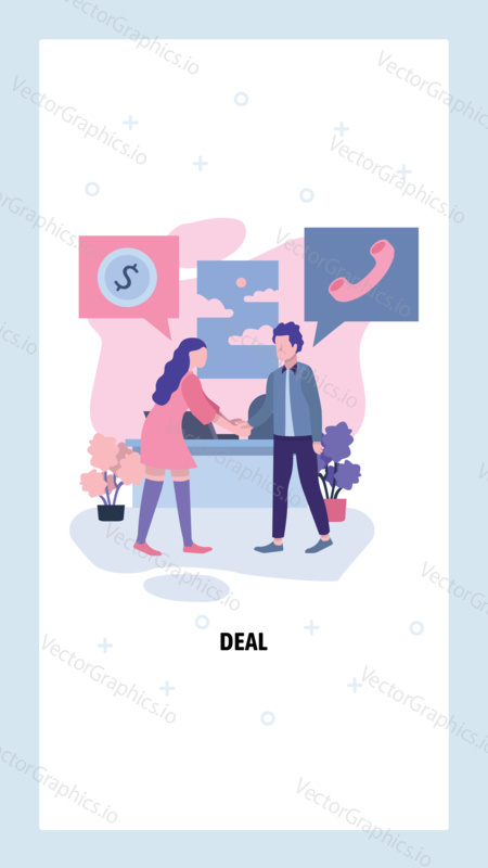 Business man and businesswoman are shaking hands making a deal. Business agreement and partnership concept. Vector web site design template. Landing page website concept illustration.