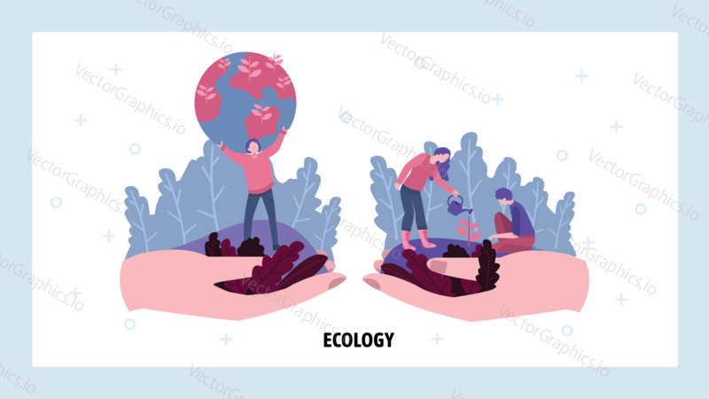 Volunteers plant tree. Ecology and save earth concept. Green nature, environmental concept. Vector web site design template. Landing page website concept illustration.