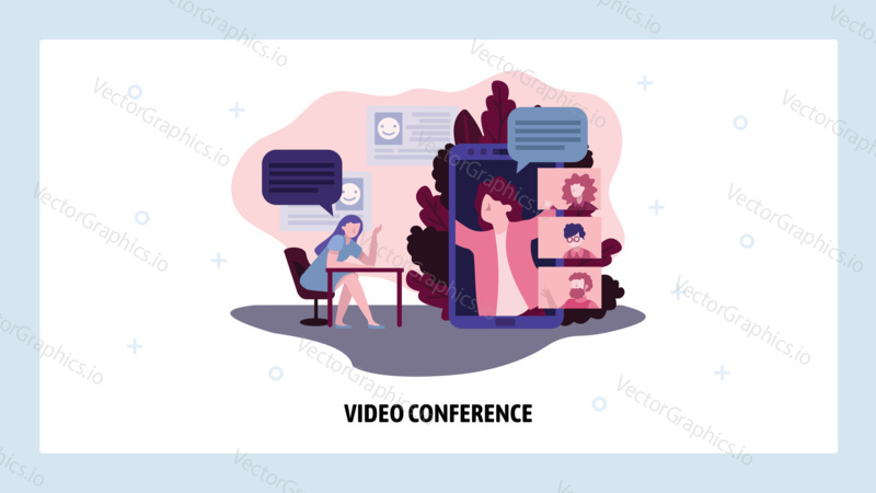 Video conference and business meeting call. People talk on mobile phone with colleague. Online team meeting. Vector web site design template. Landing page website concept illustration.