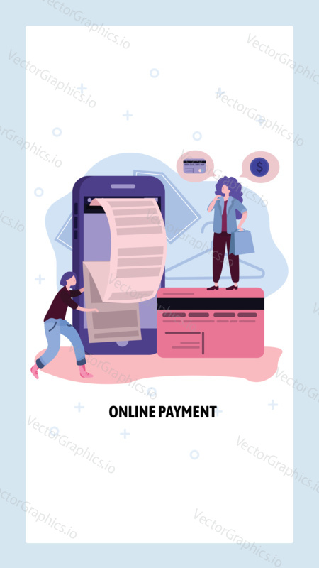 Online payment concept. Customer pays online using mobile phone and credit card. Digital payment and financial bill. Vector web site design template. Landing page website concept illustration.