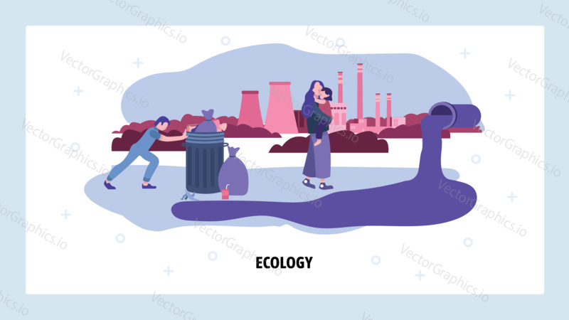 Unhappy family in polluted city with waste and power plant on background. Environmental pollution concept. Industry landscape. Vector web site design template. Landing page website illustration.
