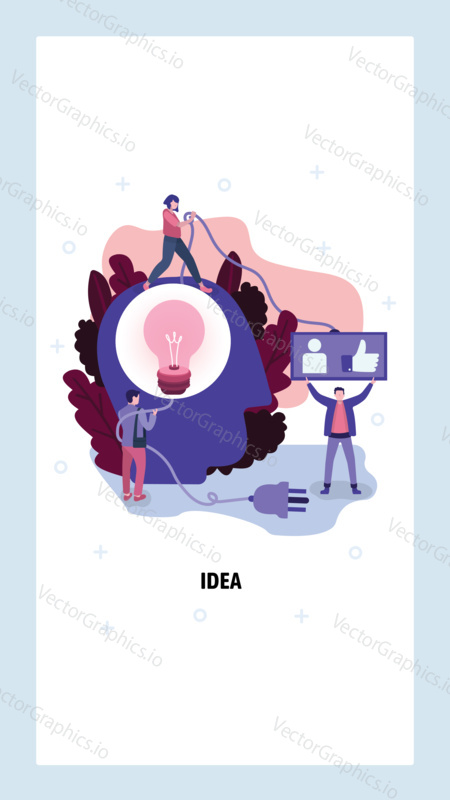 Creative idea concept. Light bulb with power plug in human head. Vector web site design template. Landing page website concept illustration.