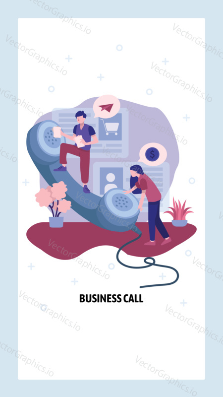 Business call concept. Phone operators help customer in support center. Business conversation by telephone. Vector web site design template. Landing page website concept illustration.