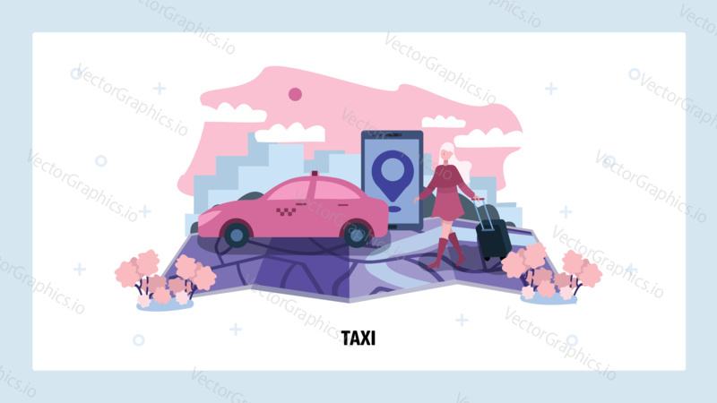 Customer uses mobile phone to order taxi service. Transport technology concept. Taxi car navigation map. Vector web site design template. Landing page website concept illustration.