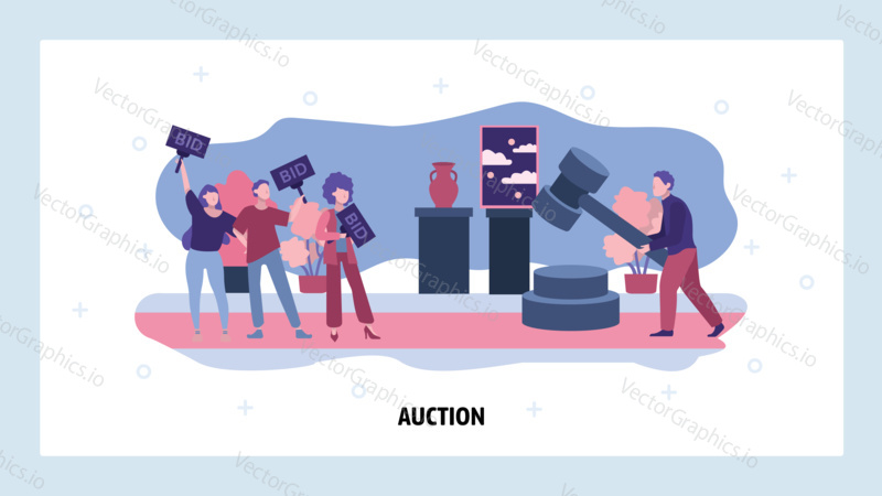 Auction business concept. People make bid in public auction house. Vector web site design template. Landing page website concept illustration.