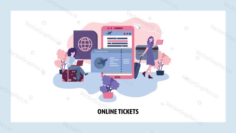 Airplane ticket online booking concept. Women book flight using mobile phone. Buy and store ticket online. Vector web site design template. Landing page website illustration.