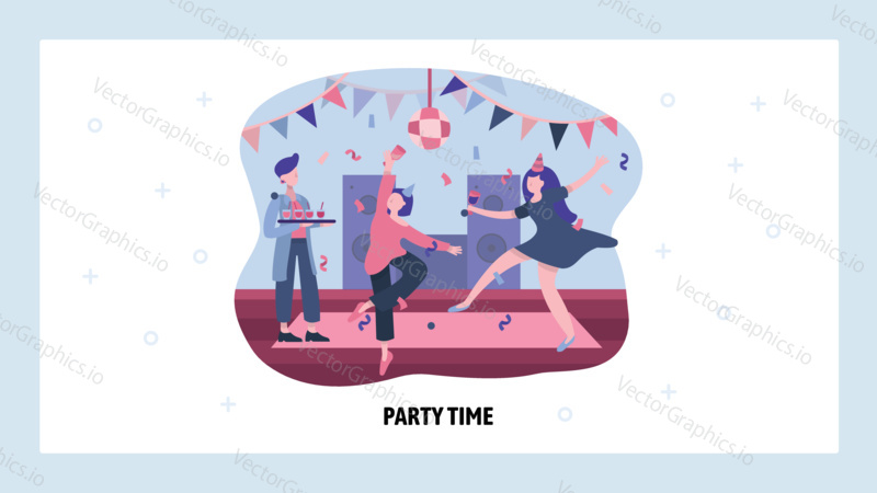 People dance at home party. Young happy girls celebrate and dance. Vector web site design template. Landing page website concept illustration.