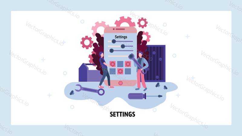 Service man setup settings on mobile phone. Repair and fix smartphone service. Vector web site design template. Landing page website concept illustration.
