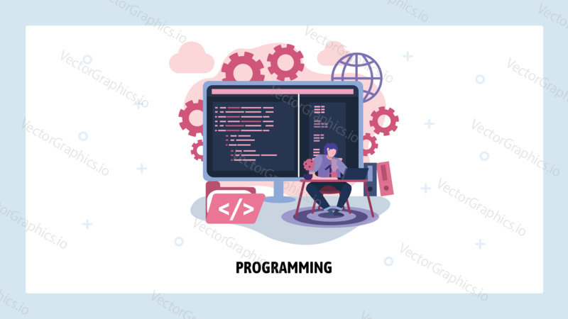 Computer engineer write code. Programming and software development concept. Programmer, hacker, java language. Vector web site design template. Landing page website concept illustration.