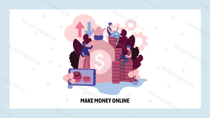 Make money online concept. People work in computer technology business to earn money. Vector web site design template. Landing page website concept illustration.