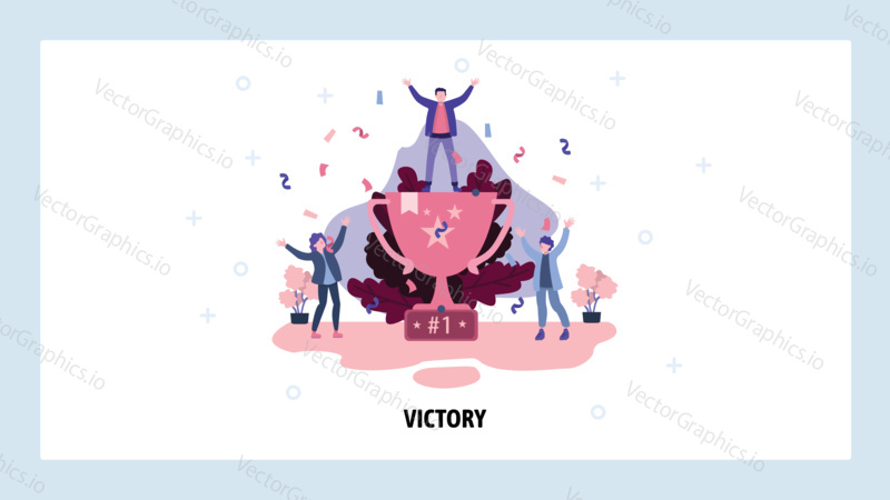 Man standing on a top of trophy celebrating victory. Business success concept. Award winner celebrates with his team. Vector web site design template. Landing page website illustration.