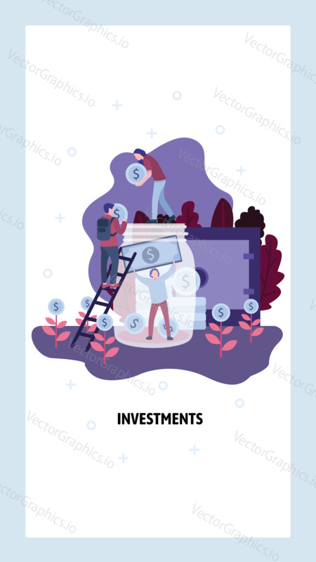 People put money in glass jar. Money saving and investment concept. Family budget, business, economy. Vector web site design template. Landing page website concept illustration.