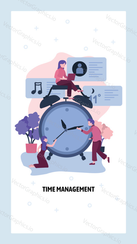 Time management concept. Business team set the clock. Deadline, time break and schedule. Vector web site design template. Landing page website concept illustration.