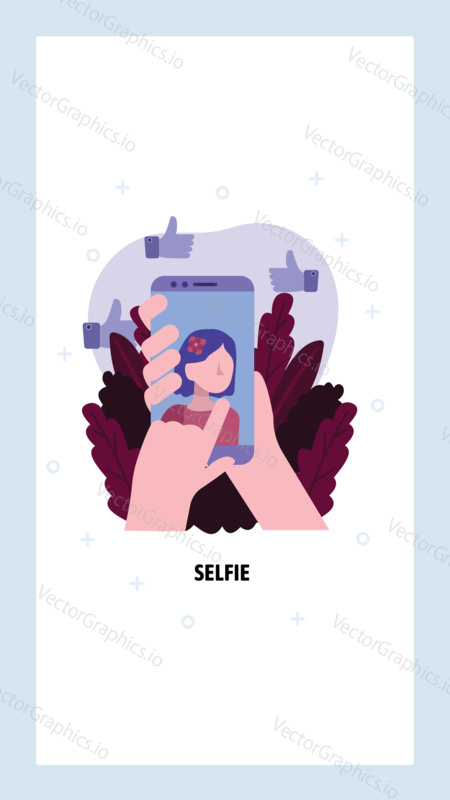 Young girl takes selfie on mobile phone. Social media photo sharing concept. Smartphone in woman hand. Vector web site design template. Landing page website concept illustration.