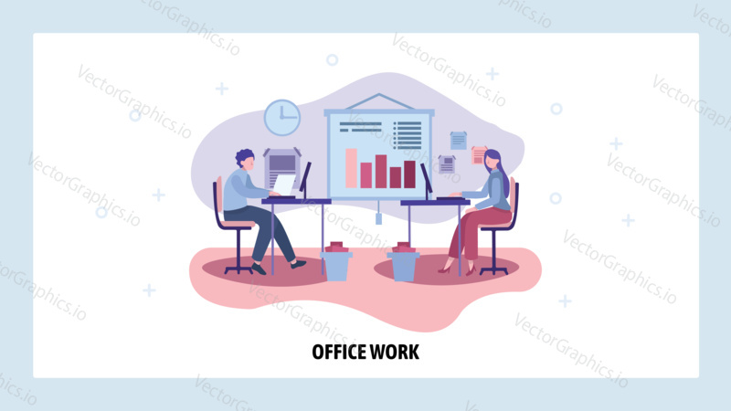 Man and woman work in a office. Teamwork, people in business office. Vector web site design template. Landing page website concept illustration.