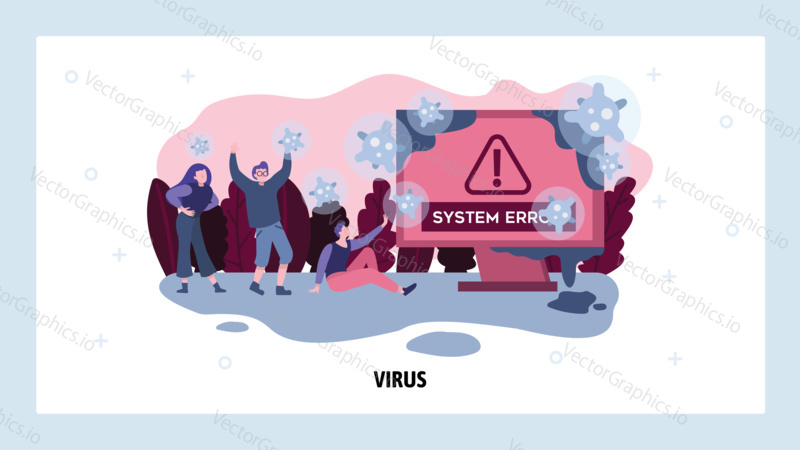 Computer virus warning alert. Error message. Cyber security and system crashed. Vector site design template. Landing page website concept illustration.