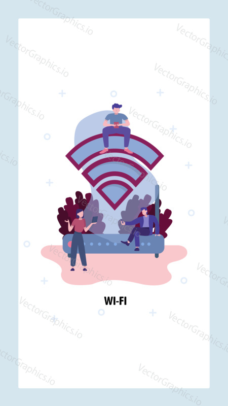 People use internet in free wifi zone. Wireless network technology symbol. Wi-fi hotspot, router, modem. Vector web site design template. Landing page website concept illustration.